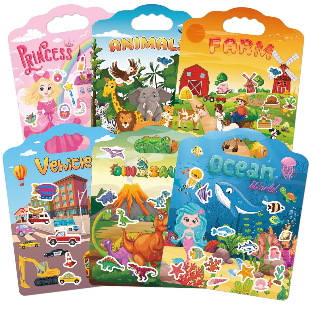 Photo 1 of 6Set Reusable Sticker Books for Toddlers 2-4 Years, Toddler Sticker Books Ages 1-3, Kids Puffy Activity Book Set Include Animal,Farm,Princess,Vehicles,Ocean,Dinosaurs