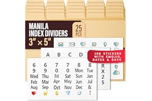 OFFILICIOUS 25 Heavyweight Manila Index Card Box Dividers - 3x5 with Tabs &amp; 108 Stickers, Monthly &amp; Recipe Guides, Greeting Card Dividers