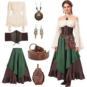 TOLOYE Renaissance Costume Women Medieval Dress Vintage Blouse Top Skirt | Green Renaissance Dress Peasant Celtic Costume Wom