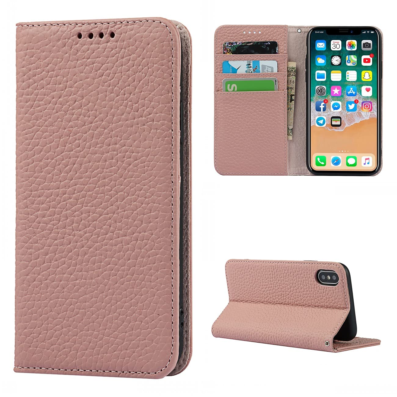 Copmob Phone Case iPhone X/XS,Flip Genuine Leather Wallet Case,[4 Slots][Magnetic closure][With Lanyard],Protective Cover Case for iPhone X/XS - Pink