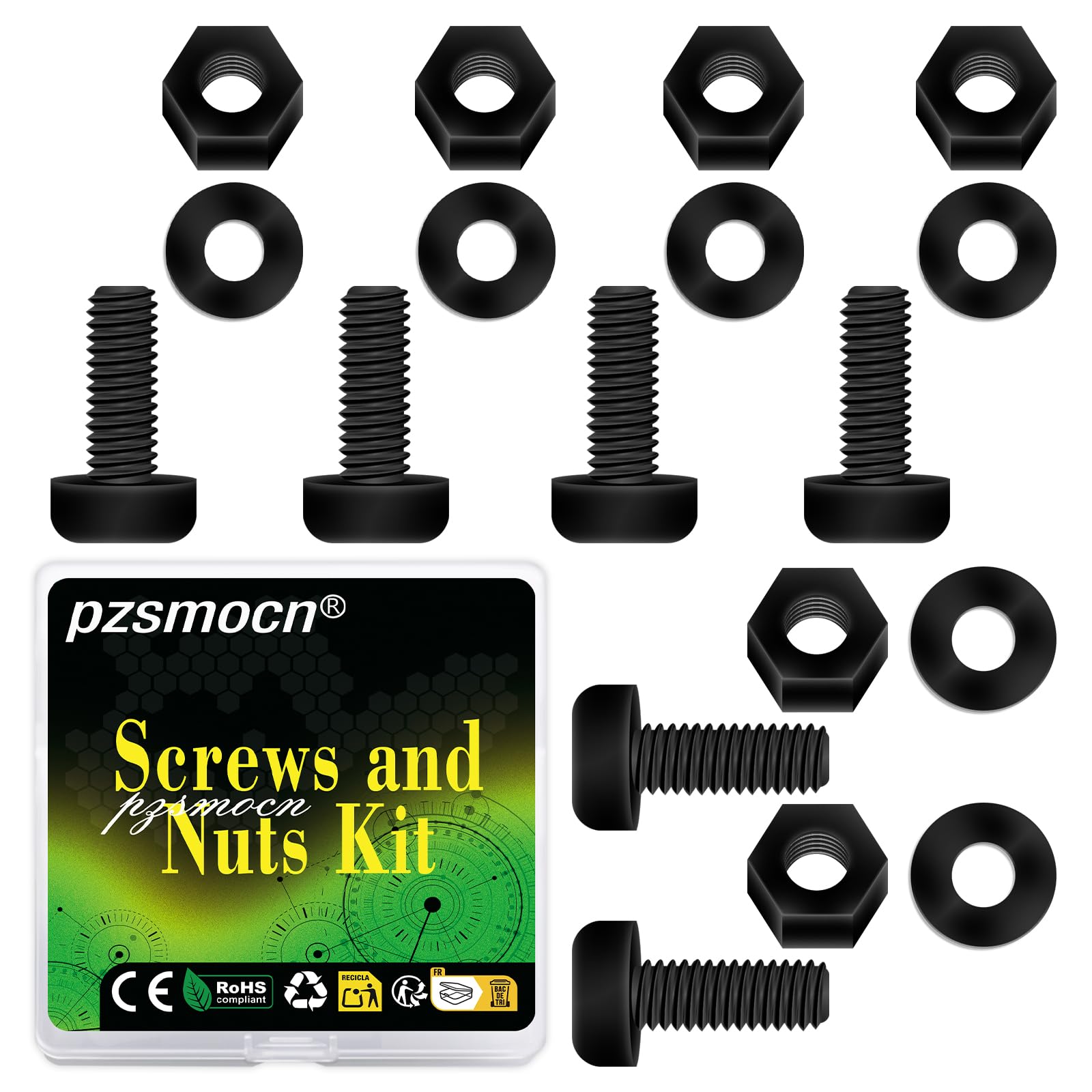 Pzsmocn 300 Pieces/100 Sets M2.5 * 10 mm Plastic Black Nylon Cross Round Head Screw Hexagonal Nut Combination Kit, with Insulating Washers, Standard Size, For DIY and Electronic Assembly. — image 1