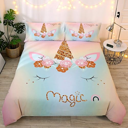 DEERHOME Magic Emoji Rainbow Unicorn Bedding Girls Duvet Cover