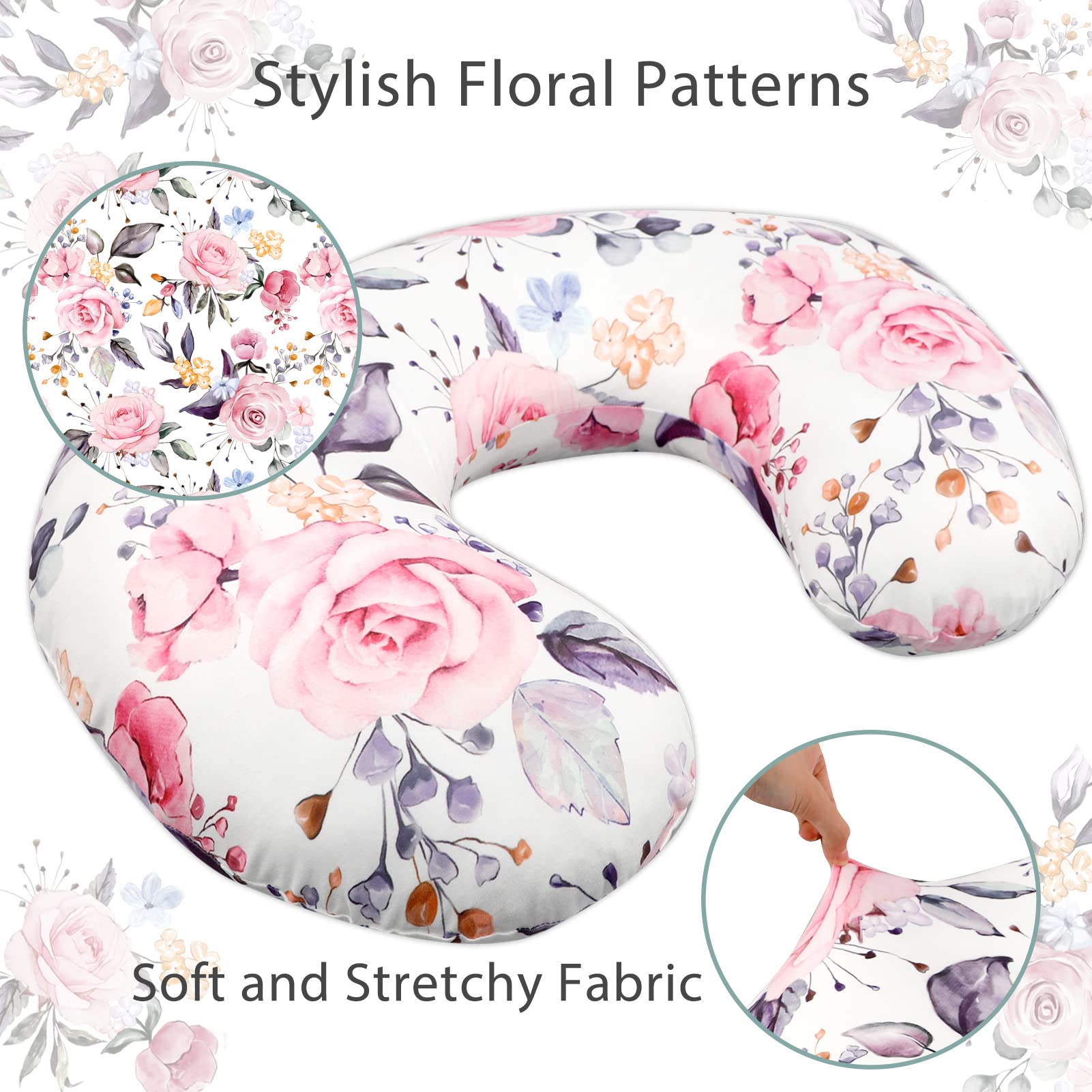 Nursing Pillow Cover for Baby Girl, Stretchy Removable Slipcover for Breastfeeding Pillows, Ultra Soft Comfortable Nursing Pillowcase, Baby Must Have (Pink Floral)