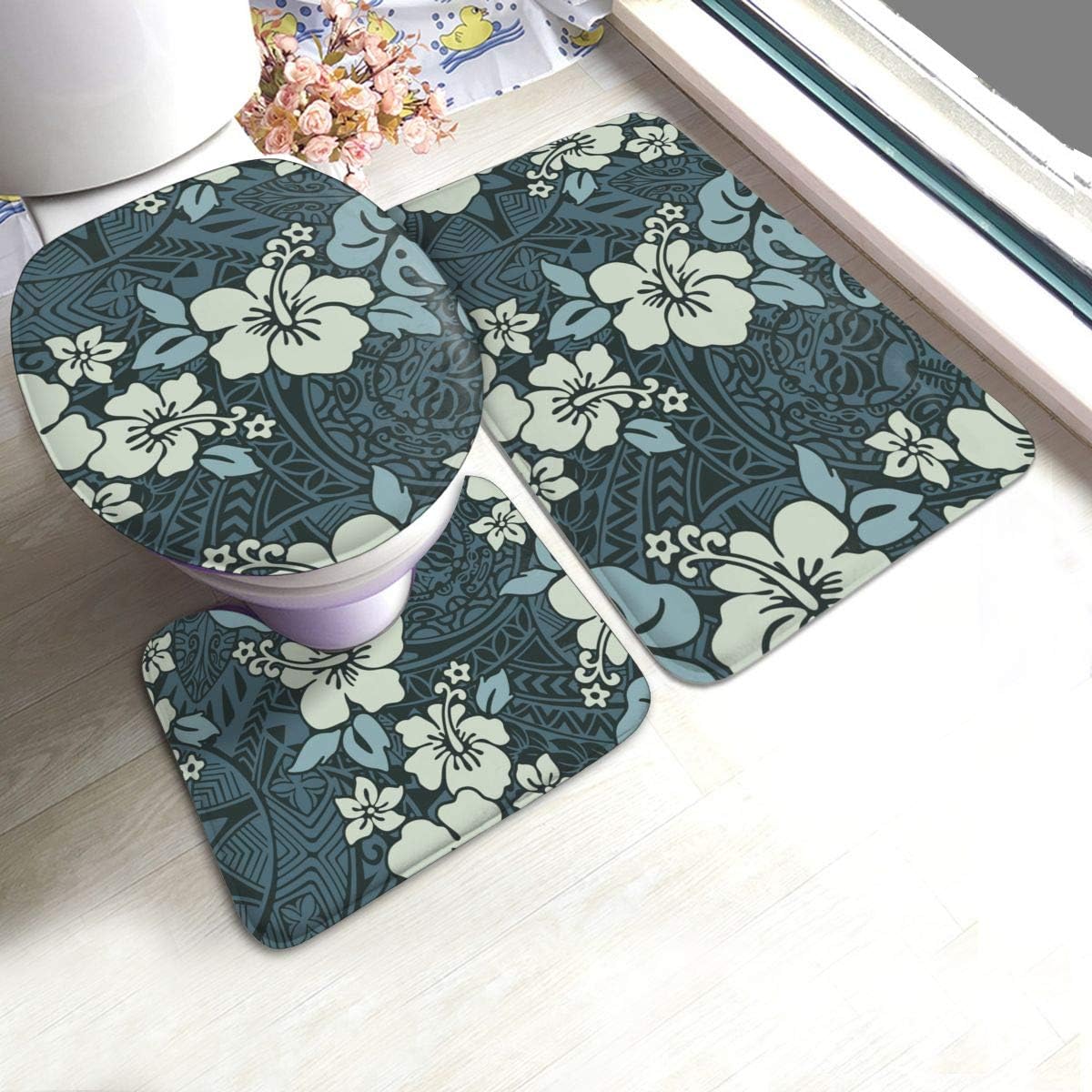 Vintage Hibiscus Flowers Tribal Hawaiian Bathroom Rug Set 3 Pieces, Non