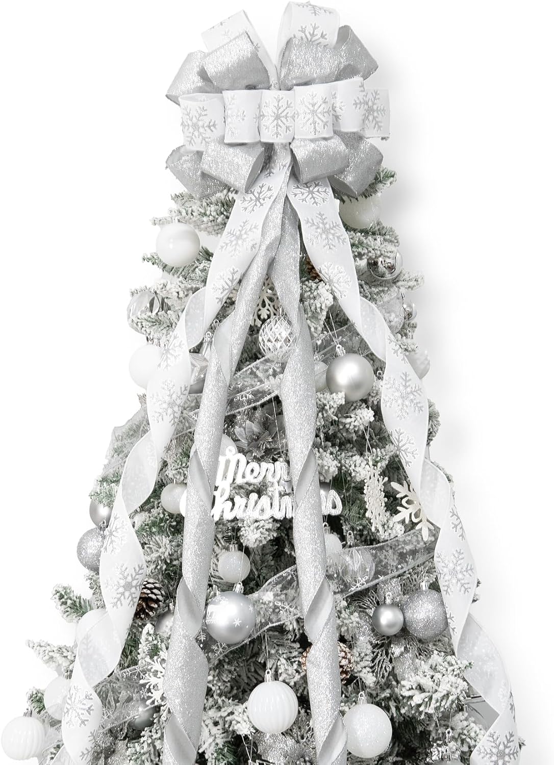 Tree Toppers - Christmas Tree Topper Bow, 53x13 Inches Large Christmas Bow with Glitter Streamer and Patterned Ribbon, Decorative Bows for Xmas Tree Wreath Door Festival Home Decor(White & Silver Snowflake)
