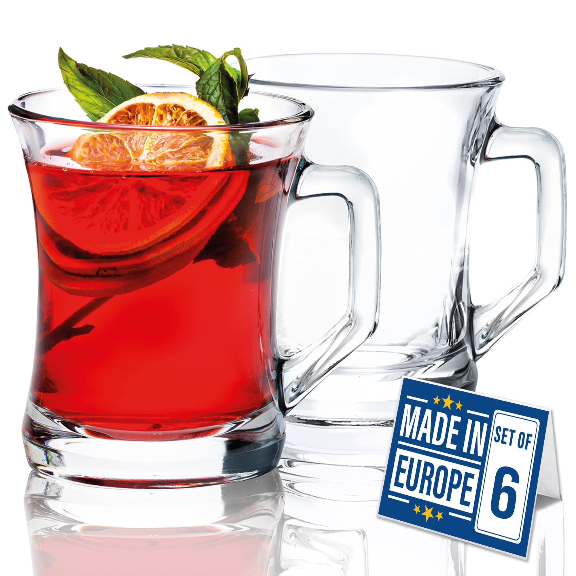 CRYSTALIA Glass Coffee Mugs Set of 6 - 220ml, Clear, with Handles - Perfect for Coffee, Tea, Mulled Wine, Juice