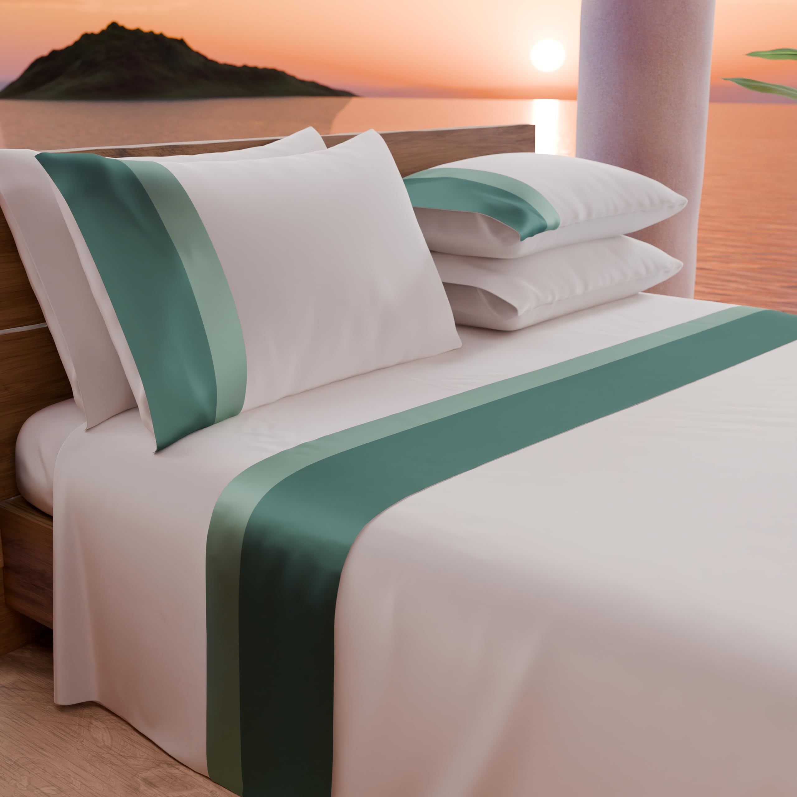 PETTI Artigiani Italiani - Double Bed Sheet Set with Double Satin Frill, 4 Pieces, 180 x 200 cm, Percale Cotton Sheets - Fitted Sheet, Top Sheet and 2 Pillowcases, Teal