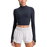 CRZ YOGA Cloudweight Crop Mock Neck Shirts for Women - Workout Athletic Gym Long Sleeve Tops Soft T-Shirt with Thumb Hole