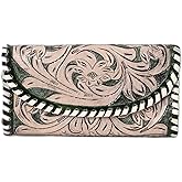 Merbaa Floral Embossed Leather Clutch – Western Style Handmade Wallet for Women – Vintage Tooled Design with Snap Closure – Compact Purse for Cards & Cash (Green & Tan)