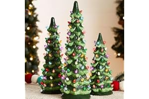 Set of 3 Ceramic Christmas Trees,Retro Hand-Painted Tabletop Christmas Trees with Timer,Pre-Lit Tabletop Holiday Decoration w