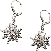 Alpenfl��stern Traditional bavarian rhinestone Edelweiss earrings, Ladies costume jewelry, german pendant earrings for Dirndl, Oktoberfest (antique silver colored with clear stones)
