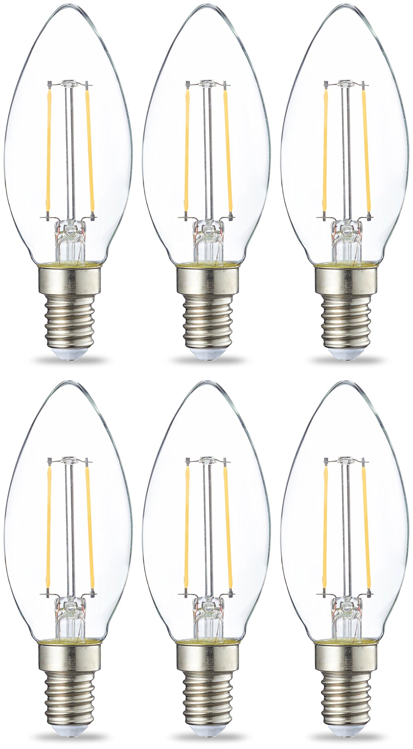 Amazon Basics LED E14 Small Edison Screw Candle Bulb, 2.1W (Equivalent to 25W), Clear Filament, Non Dimmable, Pack of 6, Warm White