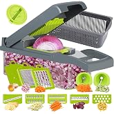 Ourokhome Vegetable Chopper Onion Cutter, 14 in 1 Professional Mandolin Slicer for Kitchen, Multifunctional Food Chopper for Potato, Tomato, Veggie with Strainer Basket, 10 Blades, Gray