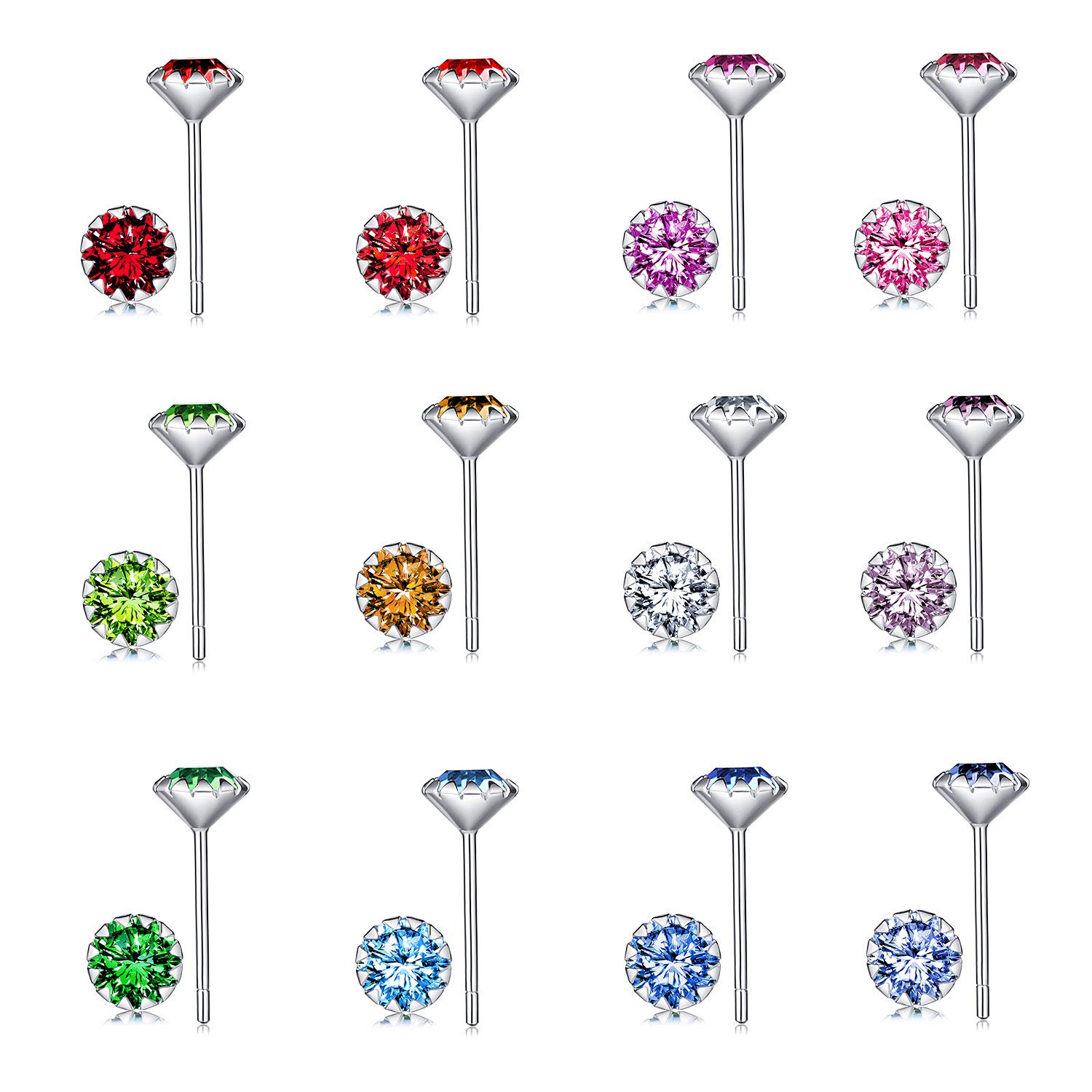 12 Pair Stud Earrings 925 Sterling Silver Earrings Birthstone Studs Earrings for Women Girls