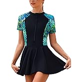 ABAFIP Women's Rash Guard Bathing Suit Zipper Swimdress Swimsuit Short Sleeve Floral Print Swimwear
