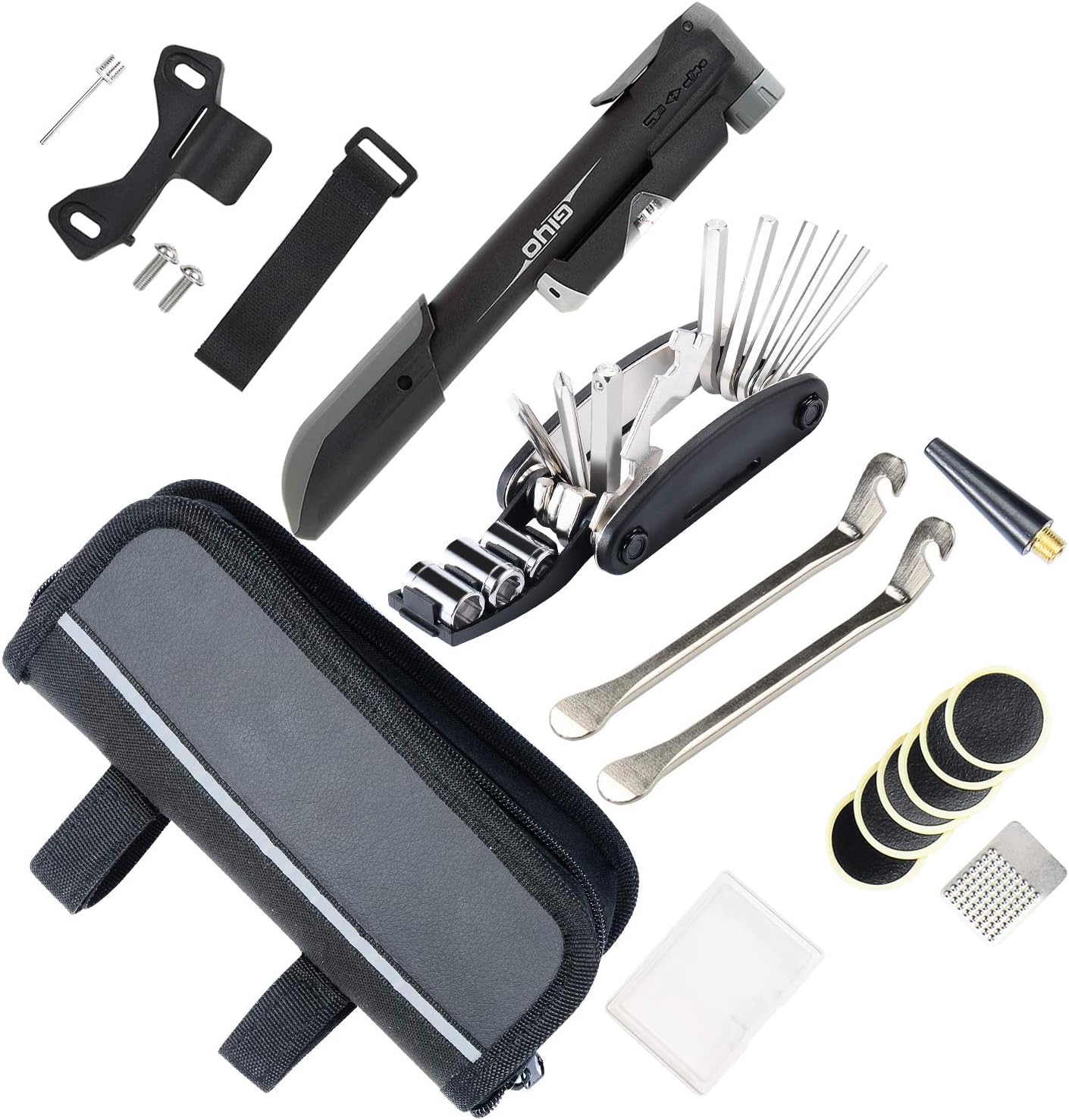 YOUYOUTE Bike Repair Kits with Pressure Gauge Pump, Mini Bicycle Pump 120 PSI with Smart Valve, Fits Schrader Presta, Bike Flat Tire Repair Tools with Bag