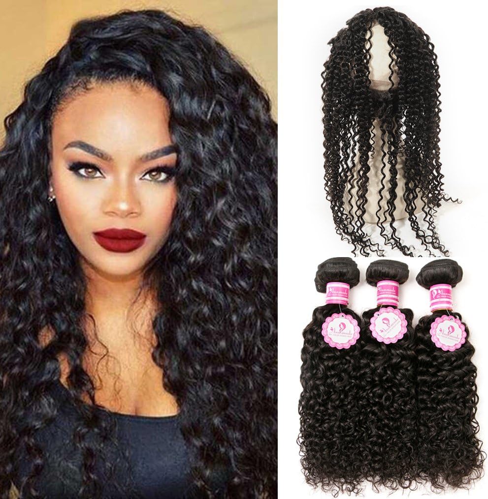 ANNMODE 9A Brazilian Curly Weave Pre Pluck 360 Lace Frontal with bundles Unprocessed Brazilian Virgin Remy Curly Hair 360 Lace Frontal Closure Free Part Natural Color 14 16 18+12inch