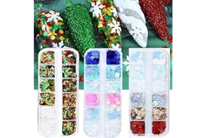 CTTHNBD Christmas Nail Art Glitters Sequins, 3 Boxes Holographic Snowflake Nail Art Flakes Red Green White Winter Snowflake Star Glitter Sticker Decals Manicure DIY Xmas Decorations 36 Styles