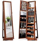 CHARMAID 360° Swivel Jewelry Armoire with Higher Full Length Mirror, Standing Lockable Jewelry Cabinet Organizer with Large Storage Capacity, Inside Makeup Mirror, Back Storage Shelves (Walnut)