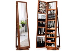 CHARMAID 360° Swivel Jewelry Armoire with Full Length Mirror, Standing Lockable Jewelry Cabinet Organizer, Large Storage Capa