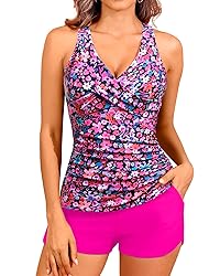 Women Pink Flower Tankini Swimsuits with Shorts