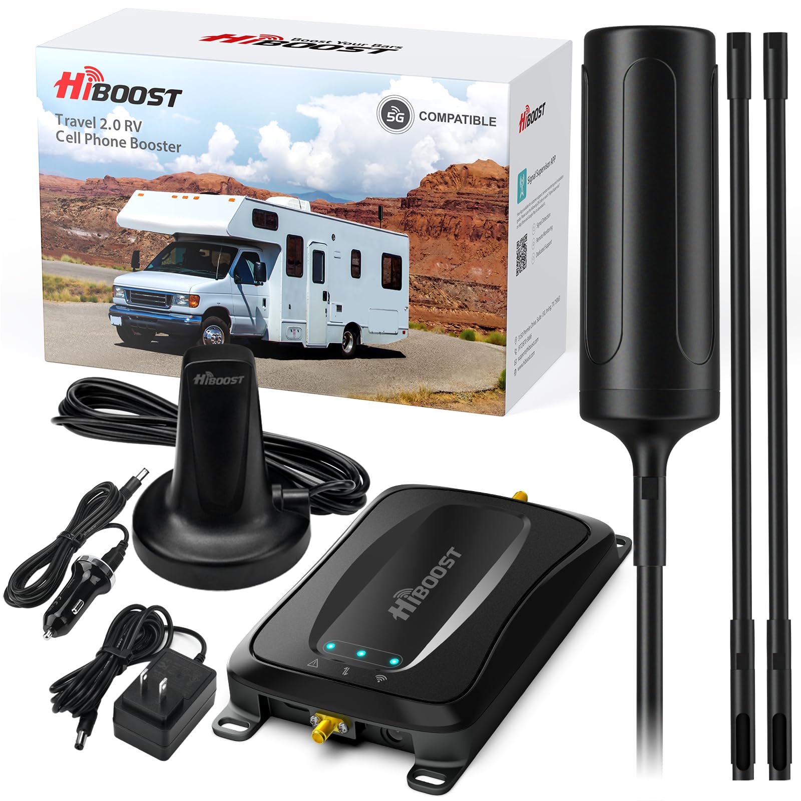 Upgrade Cell Phone Signal Booster for RV | Adjustable Antenna | Booster 4G & 5G LTE for All U.S.Carriers-Verizon T-Mobile AT&T | APP Control Camper RV Booster FCC Approved