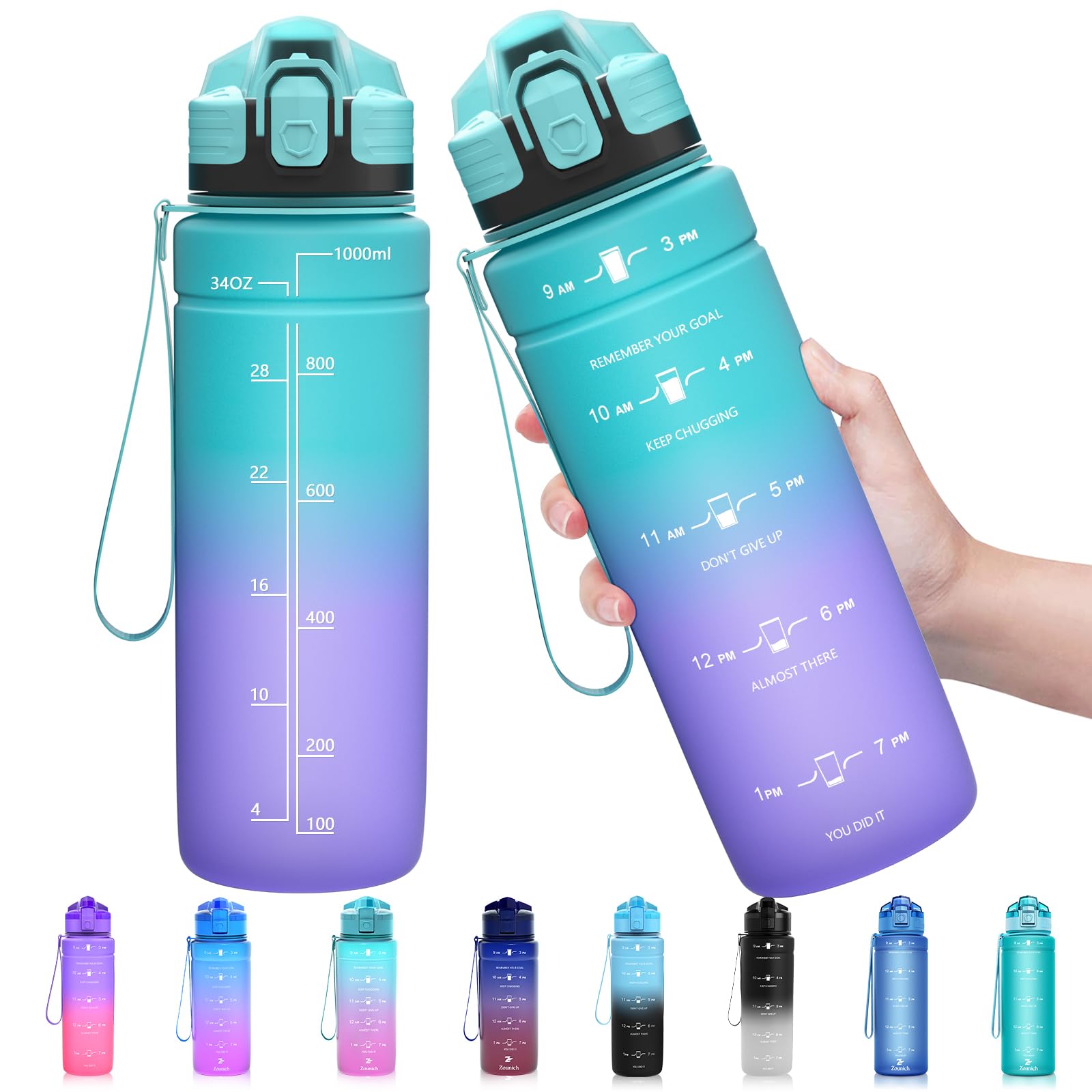 Zounich Sports Water Bottle Kids with Times to Drink Leakproof 1L / 700ml / 500ml 1Litre Drink Bottles BPA Free Motivational Adults, Gym, School, Running, Travel, Girls, Boys Filter Reusable