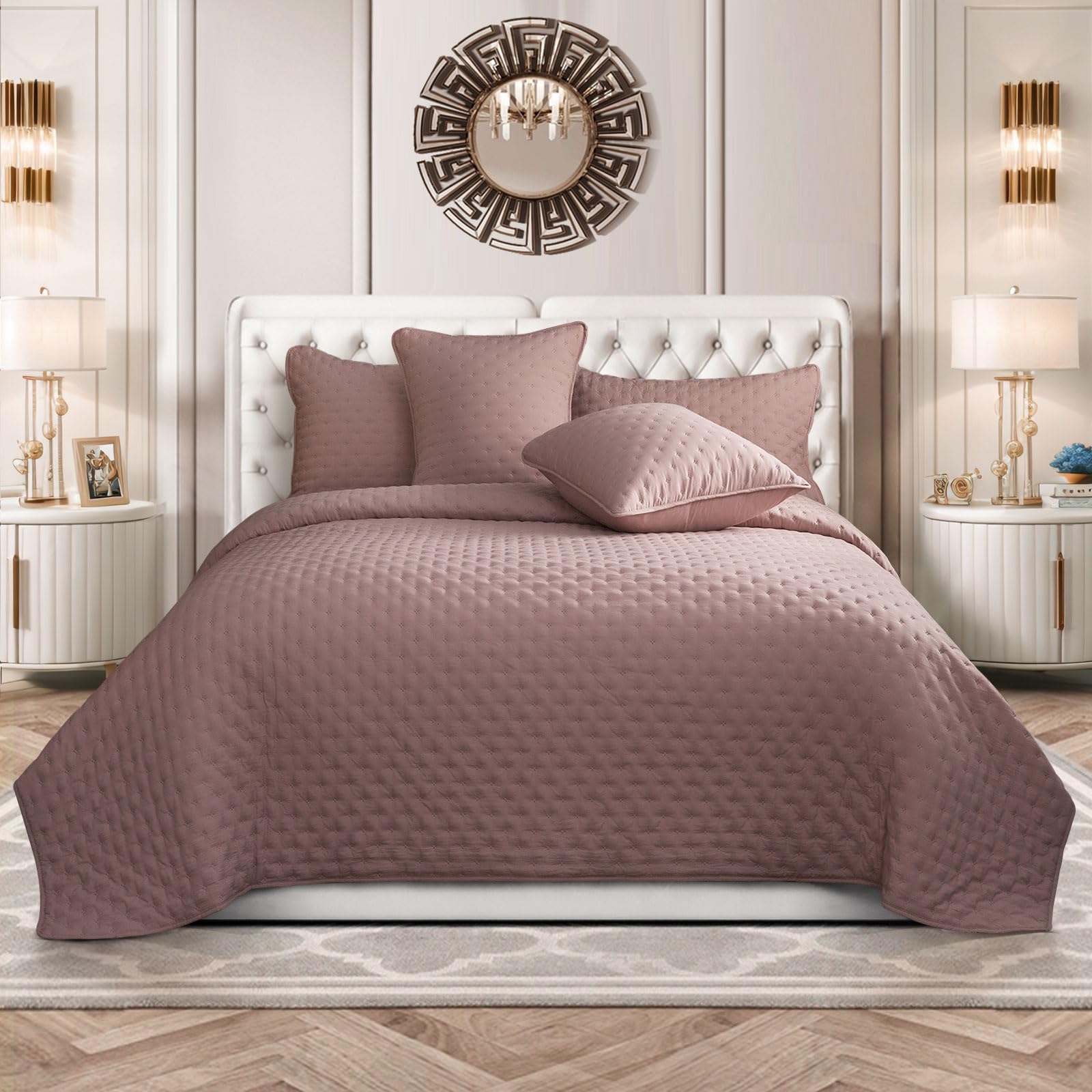 Luxury Quilted 3 Piece Bedspread Embossed Pattern for All Season, Soft Microfiber Reversible Patchwork Beddings Set Bed Throw for Bedroom Decor Reversible Coverlet (Pink, Comforter & 2 Pillow Shams)