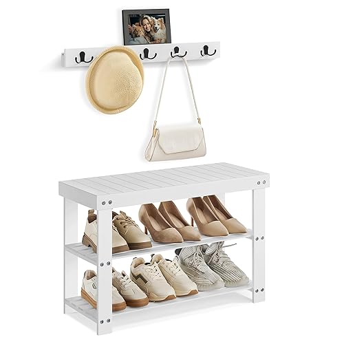 SONGMICS Coat Rack Shoe Bench Set, Hall Tree with Bench, Multifunctional, 5 Double Metal Hooks, 3-Tier Bamboo Shoe Rack, for Hallway, Bedroom, Living Room, Cloud White LCR004W01