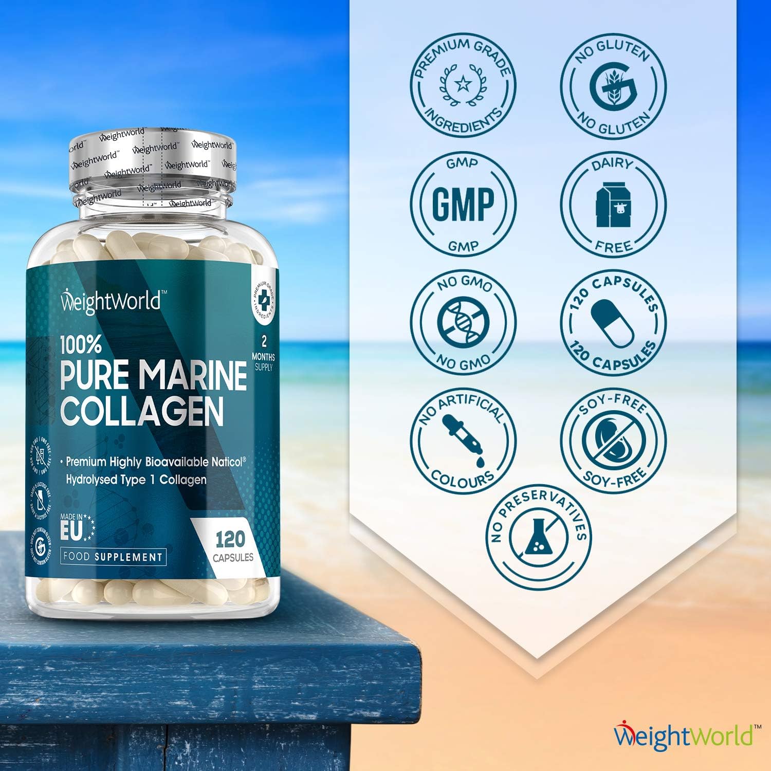 Pure Marine Collagen Supplements for Women & Men, 120 Capsules, 1200mg Per Serving - Image 4