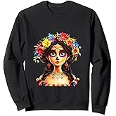 Cute De Los Muertos festival Sugar Skull orange blue flowers Sweatshirt