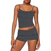 Women Fashion Striped 2 Piece Lounge Set Camisole Crop Top and Fold Over Shorts Pajama Sets Streetwear
