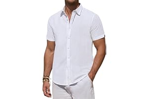 DEMEANOR Linen Shirts for Men Short Sleeve Button Down Shirts Summer Beach Casual Linen Button Up Shirt Vacation Wedding