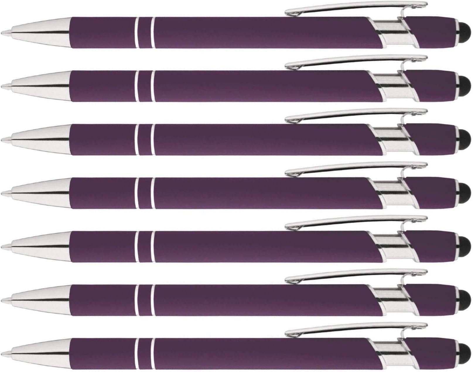 Rainbow Rubberized Soft Touch Ballpoint Pen with Stylus Tips a stylish, premium metal pen, black ink, medium point. Box of 7 (PURPLE)