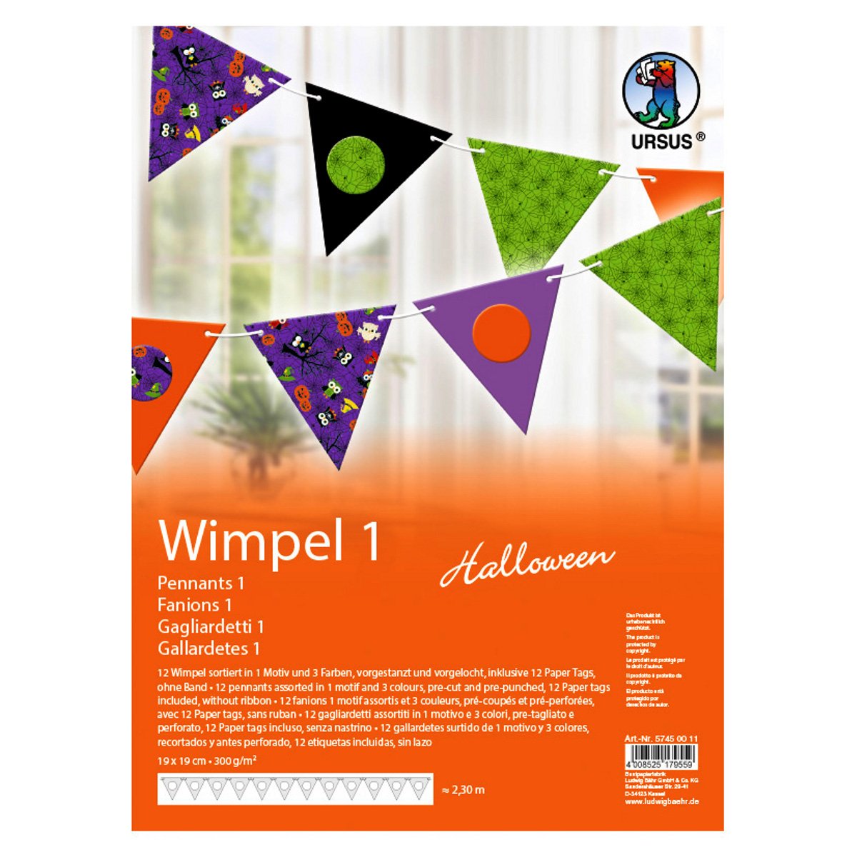 Ursus 57450011 Halloween Triangular Bunting Pack of 12 Assorted Colours