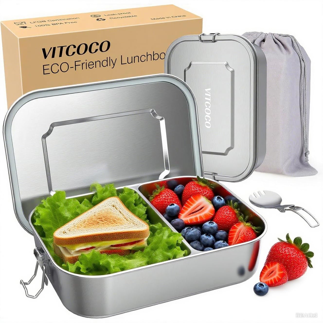 Photo 1 of * missing spoon*VITCOCO Stainless Steel Lunch Box, 27oz/800ml Metal Bento Box, Partitionable Stainless Steel Food Storage Container with Lockable Clip, Leak-proof, Dishwasher-Safe Snack Box for Travel, Work