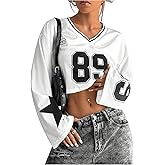 GORGLITTER Women's Number Graphic Jersey Crop Top Shirts Y2K 90s Bell Long Sleeve V Neck Graphic Tee