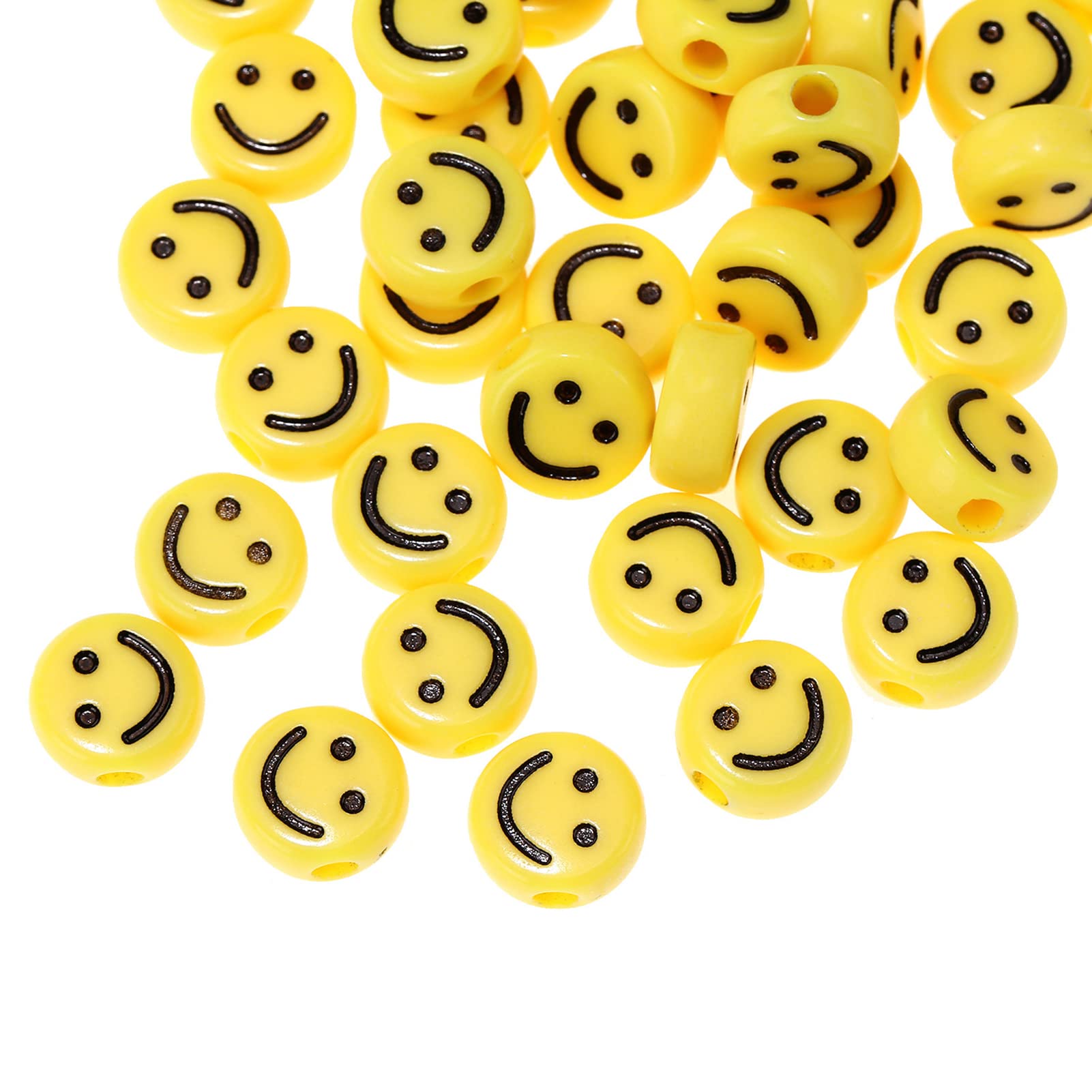 200pcs Yellow Acrylic Smiley Face Beads 10mm Pony Disc Coin Black Enamel Smile Face Loose Spacer Beads for DIY Jewelry Bracelet Mobile Phone Pendant Making