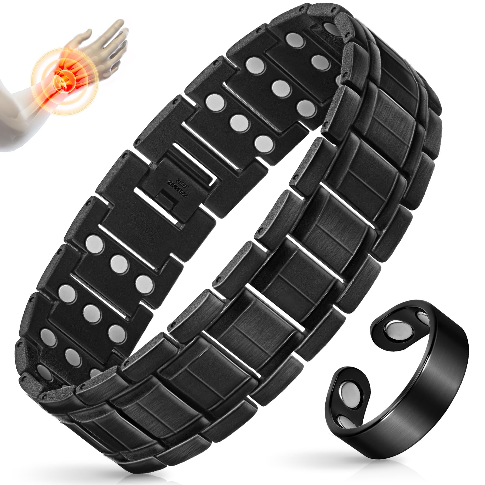 Photo 1 of Mahnco Copper Bracelet for Men with Triple-Row Strong Magnets Magnetic Bracelets & Lymphatic Drainage Ring Set with Adjustable Sizing Tool, Magnetic Jewelry Gift (Black)