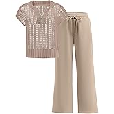 ANRABESS Womens 2 Piece Outfits Crochet Knit Half Zip Sweater Top Wide Leg Pants Summer Lounge Matching Sets Travel Clothes