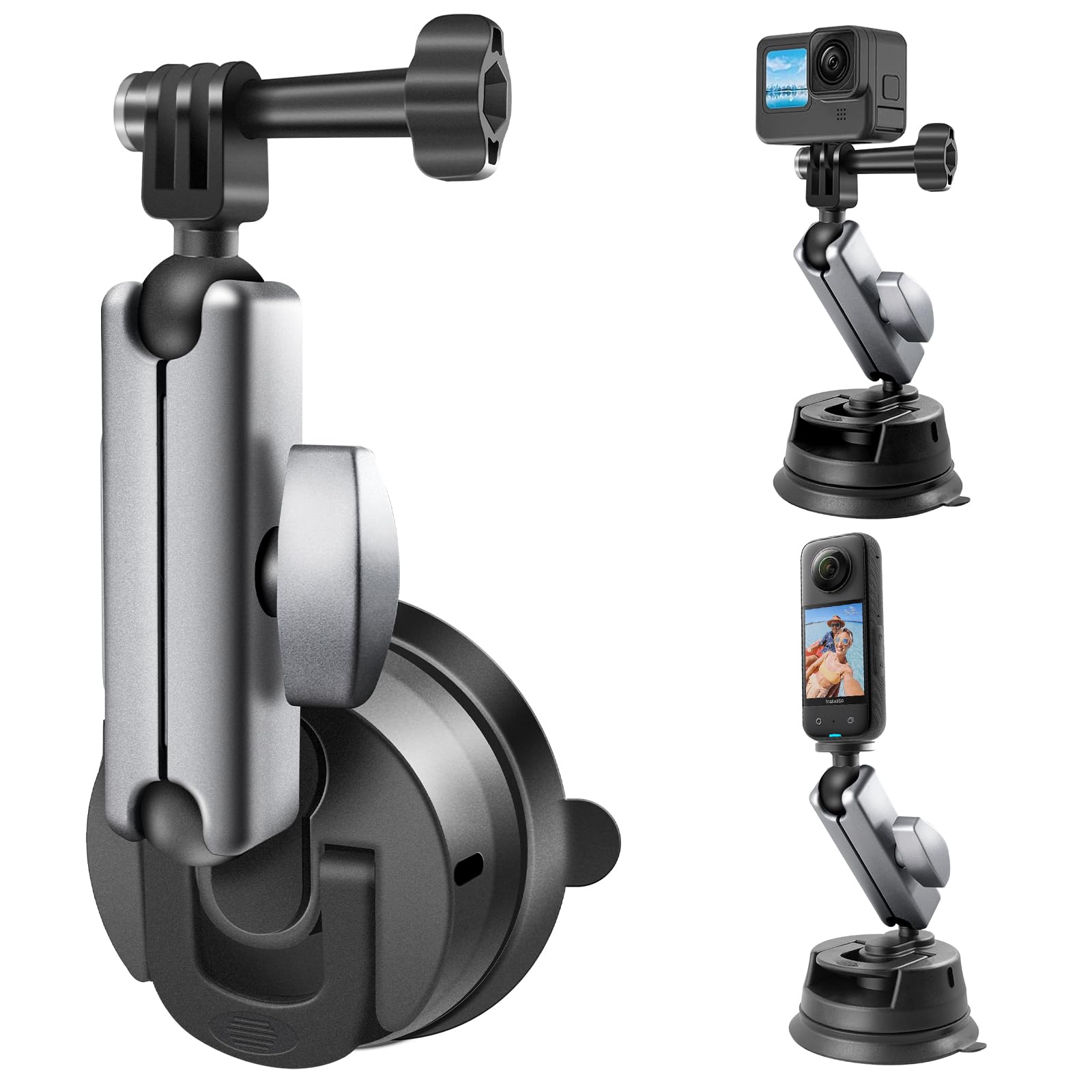 REYGEAK Aluminum Alloy Suction Cup Car Mount with Phone Holder with 1/4 Thread,360° Rotation Windshield Dashboard Car Mount for GoPro Hero 11 10 9 8 7 Insta360 X3 DJI Action