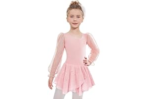 Zaclotre Gymnastics Ballet Leotards for Girls Mesh Puff Long Sleeve Leotard for Dance