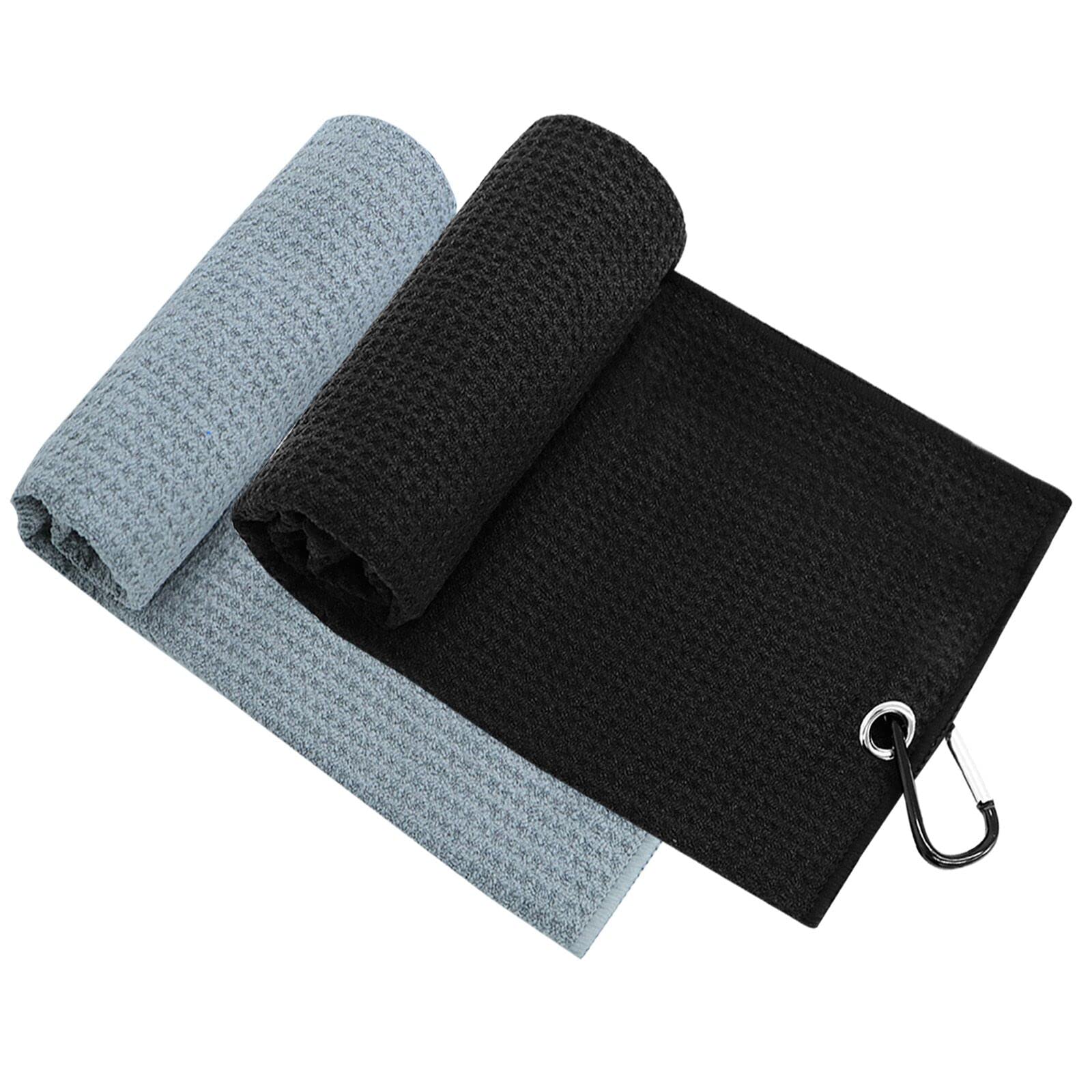 Golf Towels Set for Golf Bags with Clip Tri-fold Waffle 24" X16" Value 2 Pack, Golf Bag Towel with Carabiner Clip for Men Women Fitness Gym Training Color White Black Blue Grey Green (Black+Grey)