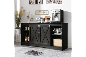 4 EVER WINNER Coffee Bar Cabinet with Sliding Barn Doors, 59" Coffee Bar Table Sideboard Buffet Cabinet with Storage, Farmhouse Buffet Cabinet Cupboard for Kitchen Living Dining Room, Espresso