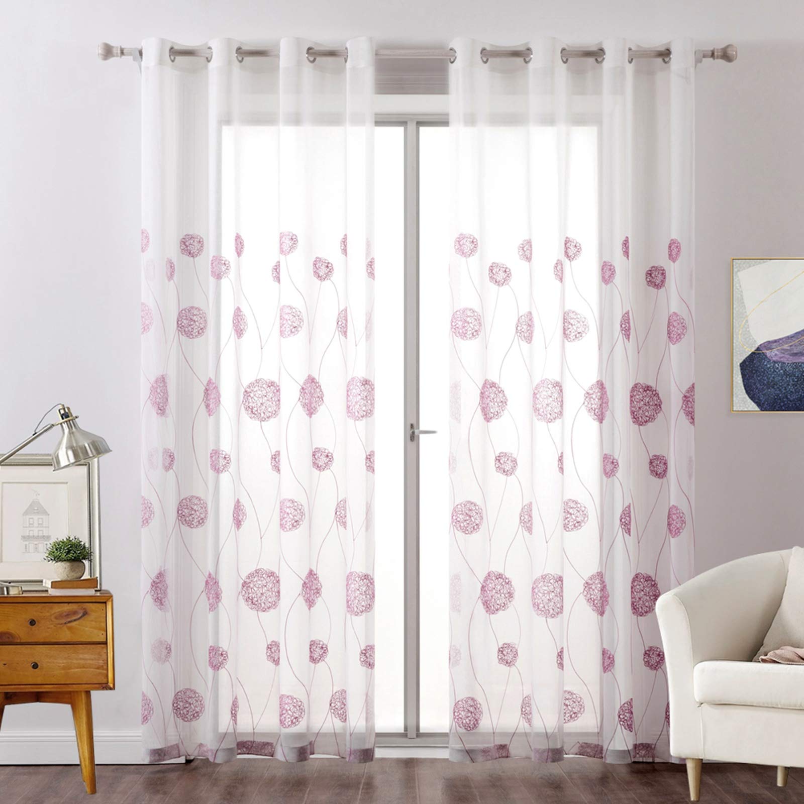 MIULEE 2 Panels Embroidered Sheer Window Flora Design Grommet Curtains Window Voile Panels/Drape/Treatment for Bedroom Living Room Flora 55" Wx 88" L Pink