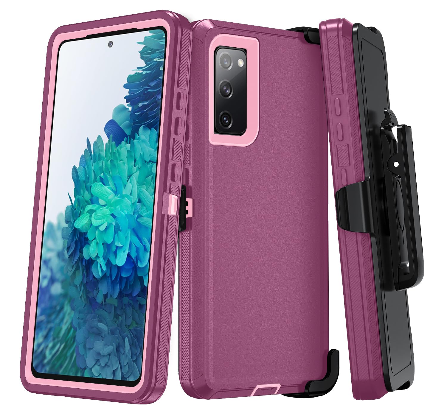 ONOLA Phone Case for Samsung Galaxy S20 FE Case with HD Screen Protector, Heavy Duty Shockproof & Dropproof 3-Layer Cover Phone Case for Galaxy S20 FE 6.5'', BeltClip_WineRed
