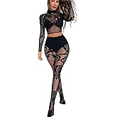 Aucute Womens Tight Mesh Lingerie Sets, 2 Piece Club Fishnet Outfits, Long Sleeve Crop Top and High Waist Footed Leggings