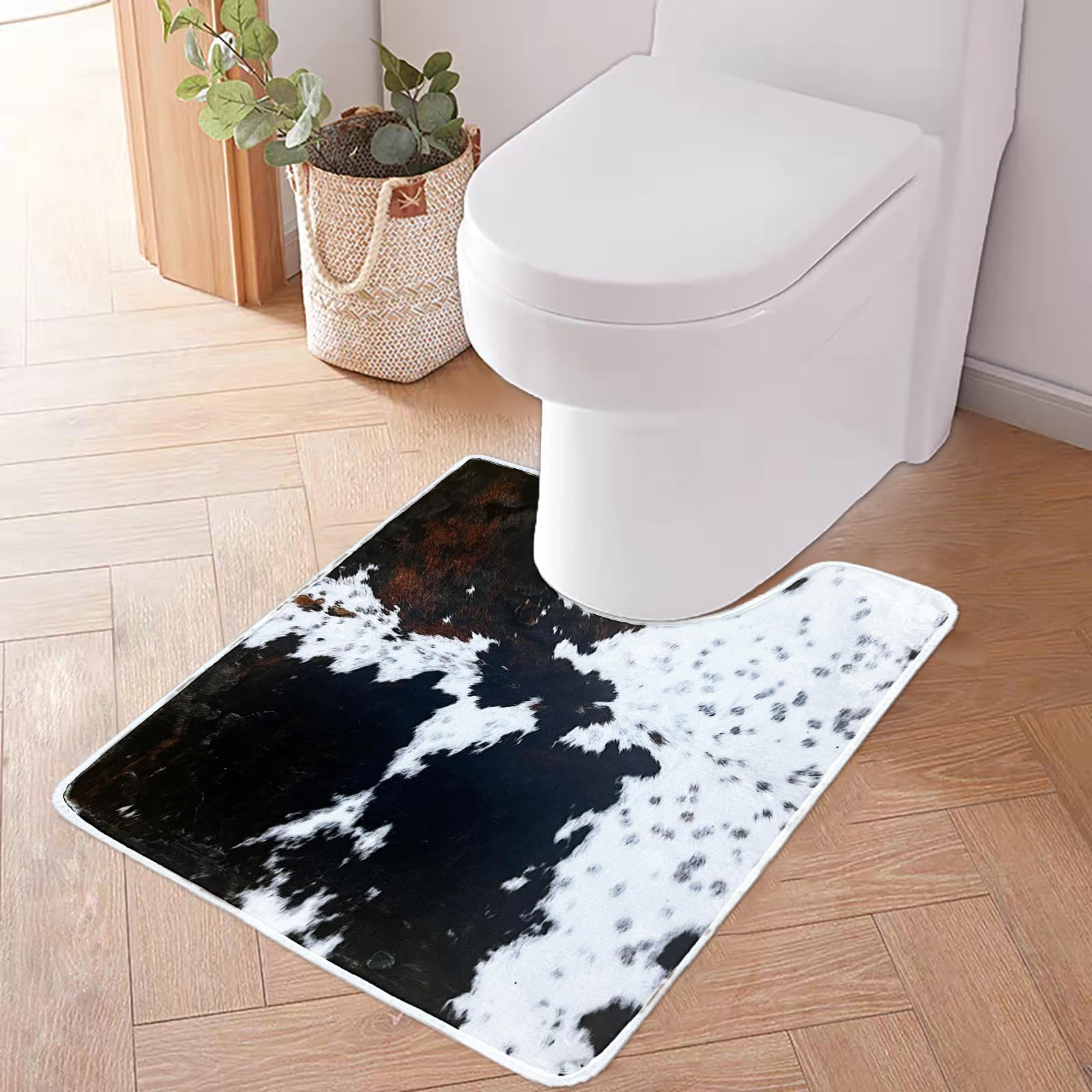 Photo 1 of Cow Western U Shaped Toilet Rugs Washable 24"x20", Cowhide Skin Brown White Scalloped Contour Bath Mats for Bathroom Non Slip, Microfiber Absorbent Soft Cute Bath Mats (Cow)