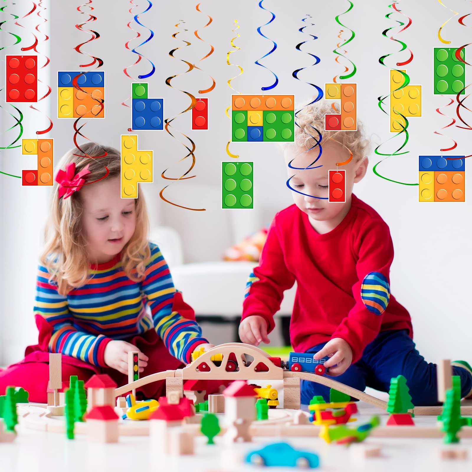 30 Pcs Building Blocks Party Favors Hanging Swirl Decoration Set with Single Double Hanging Swirl for Building Block Theme Birthday Ceiling Decor