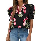 Cicy Bell Womens Summer Puff Sleeve Blouses Casual Dressy V Neck Color Block Tops Loose Fit Boho Floral Printed Tee Shirts